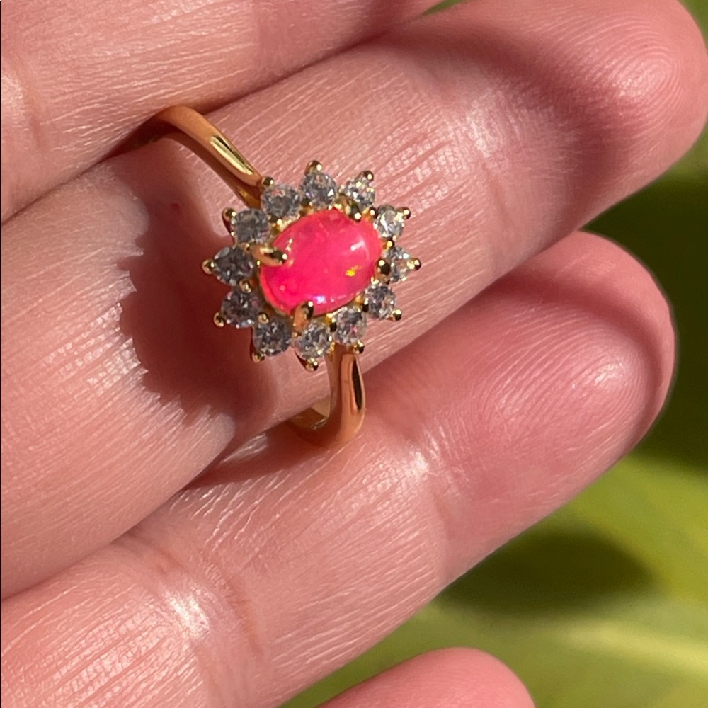 NWT Natural Pink Opal with CZ Accent Ring 18k YG Plated over 925 Silver Size 8